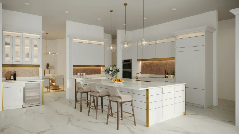 Peak Cabinets luxury modern kitchen with white cabinetry, glass-front uppers, gold accents, marble island, and brick backsplash.