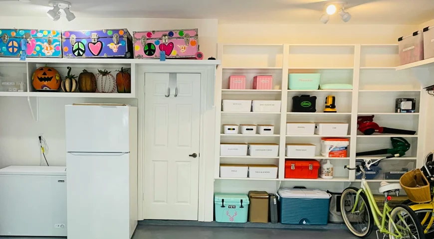 Peak Cabinets garage storage with white cabinetry, open shelving, colorful storage boxes, bike storage, and organized utility space.